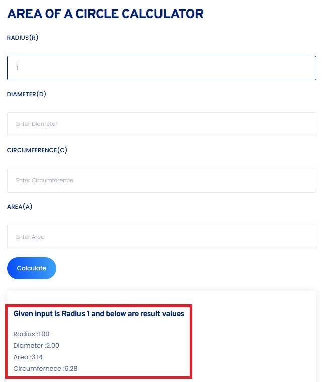 Screenshot of Toolerz's Area of Circle Calculator