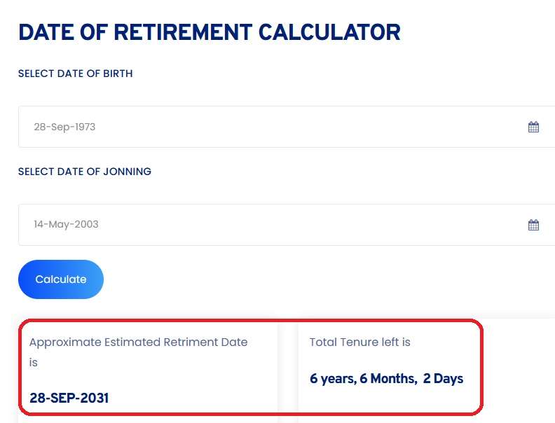 Screenshot of Toolerz's Date of Retirement Calculator