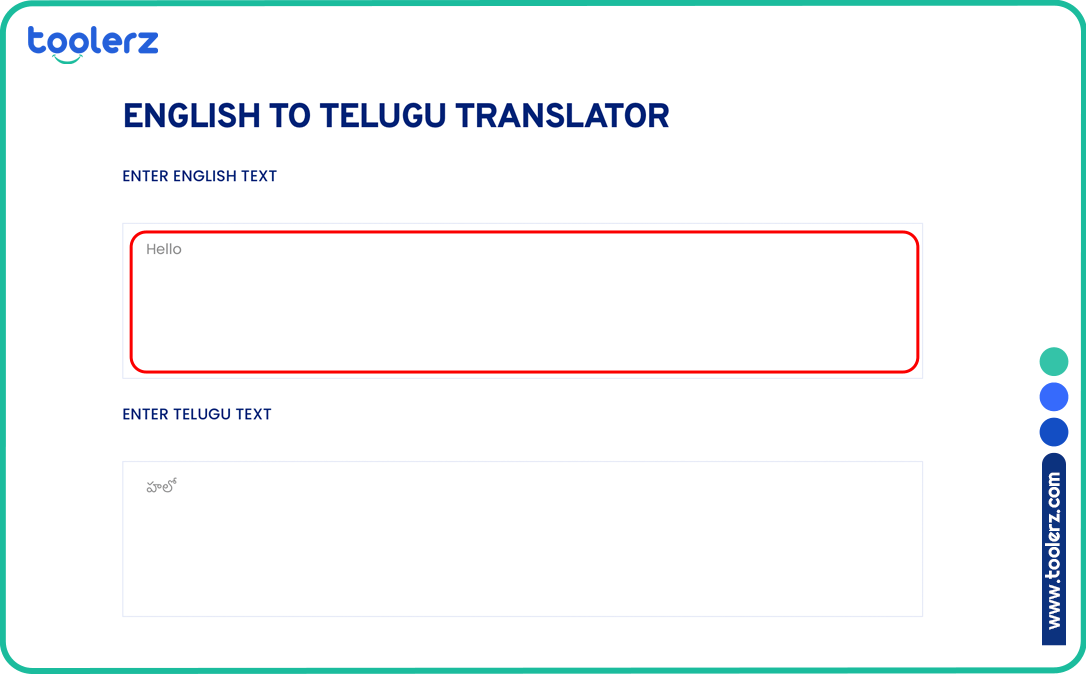 Screenshot of Toolerz's English to Telugu Translator
