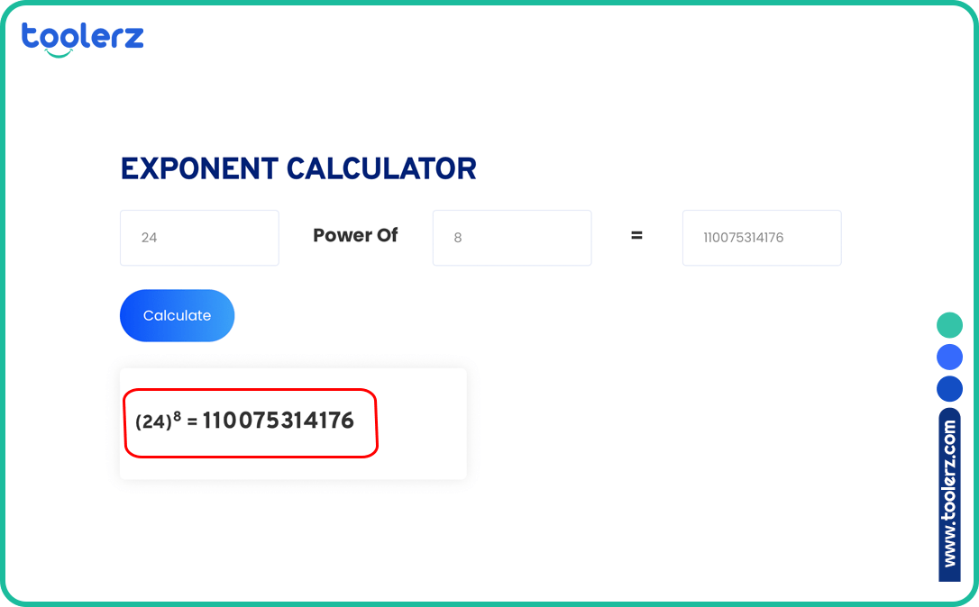 Screenshot of Toolerz's Exponent Calculator