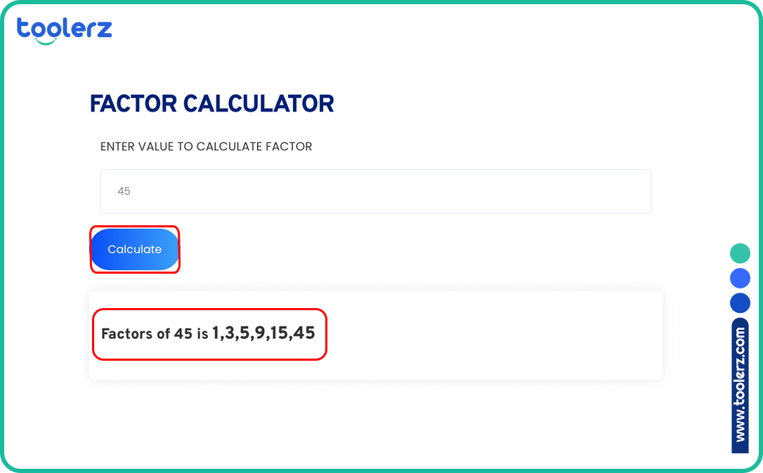 Screenshot of Toolerz's Factor Calculator