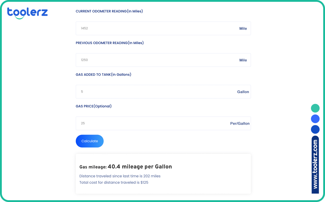Screenshot of Toolerz's Gas Mileage Calculator